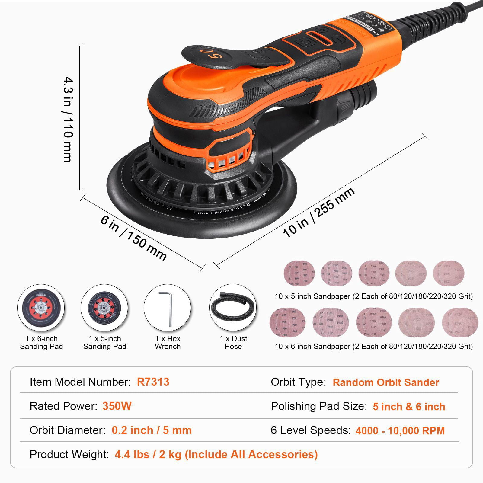 Brushless Orbital Sander 5 Inch 6 Inch 10000 RPM 6 Speed