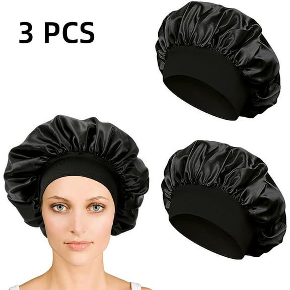 3 Pcs Satin Bonnet Hair Cap,Women Bonnets Adjustable Night Cap,Comfortable Wide Band for Braids Curly Long Hair (Black)
