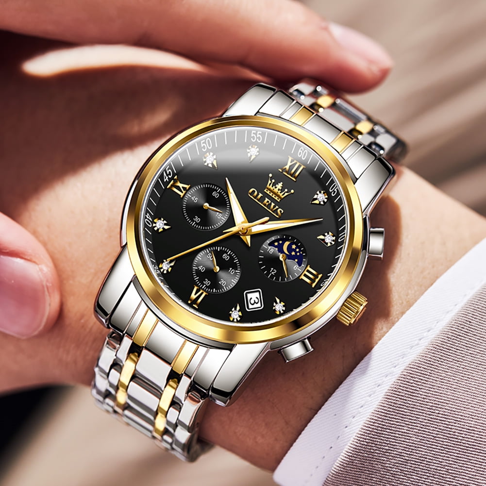 OLEVS Watches for Men Luxury Dress Casual Analog Quartz Gold Plated Stainless Steel Chronograph Moon Phase Waterproof Luminous Date Business Mens Wrist Watches Reloj Para Hombre