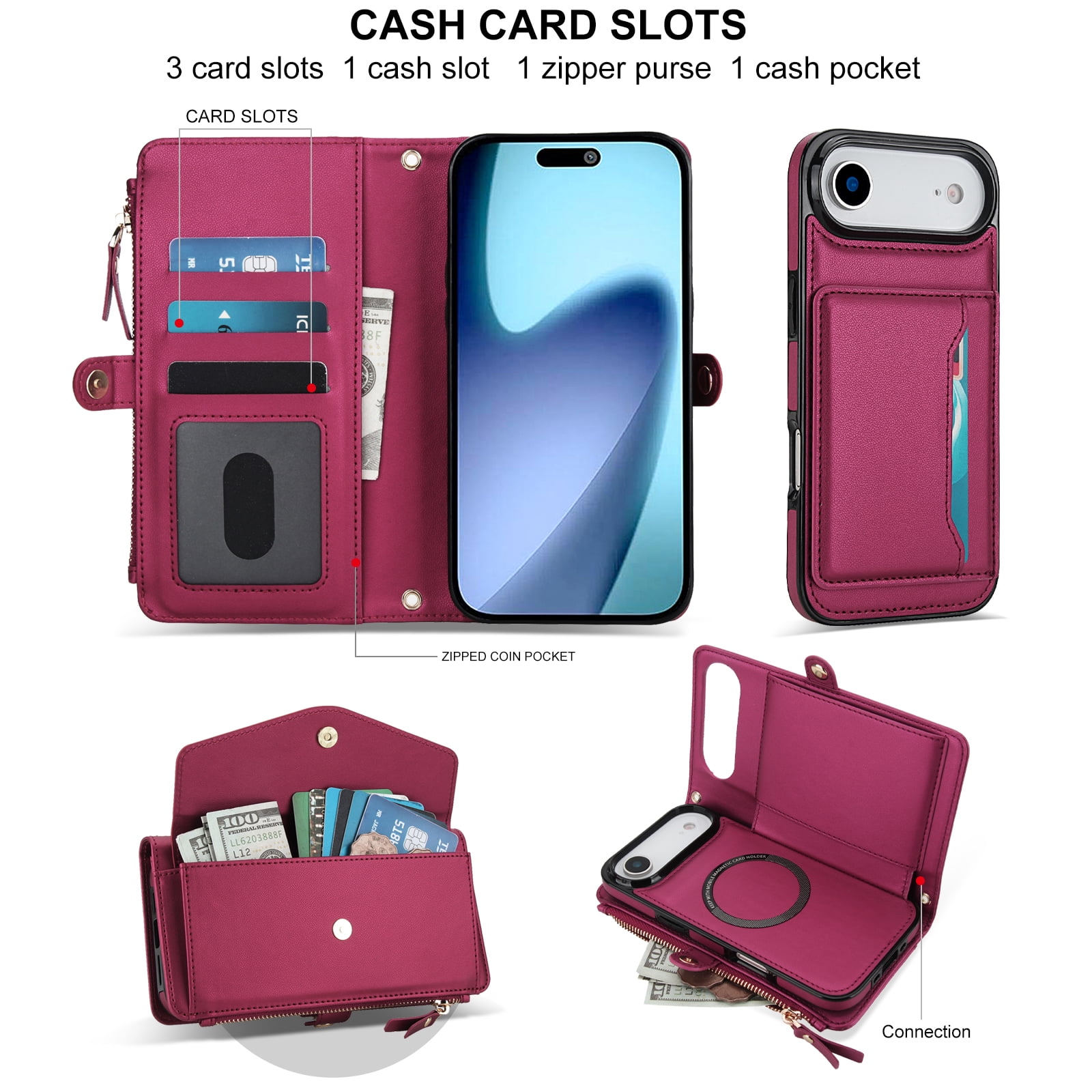 Designed for iPhone 17 Air Multi-Function Wallet Phone Case,With Shoulder Strap&Wrist Strap,Cash Pocket&Card Slots,Zipper Purse,Magnetic Detachable PU Leather Flip Phone Case,Red