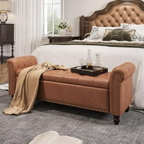 FiveWillowise 55 Inch Bedroom Storage Bench, Faux Leather End of Bed Bench with Storage, Upholstered Ottoman Foot Rest with Rolled Arms for Bedroom, Living Room, Apartment, Brown