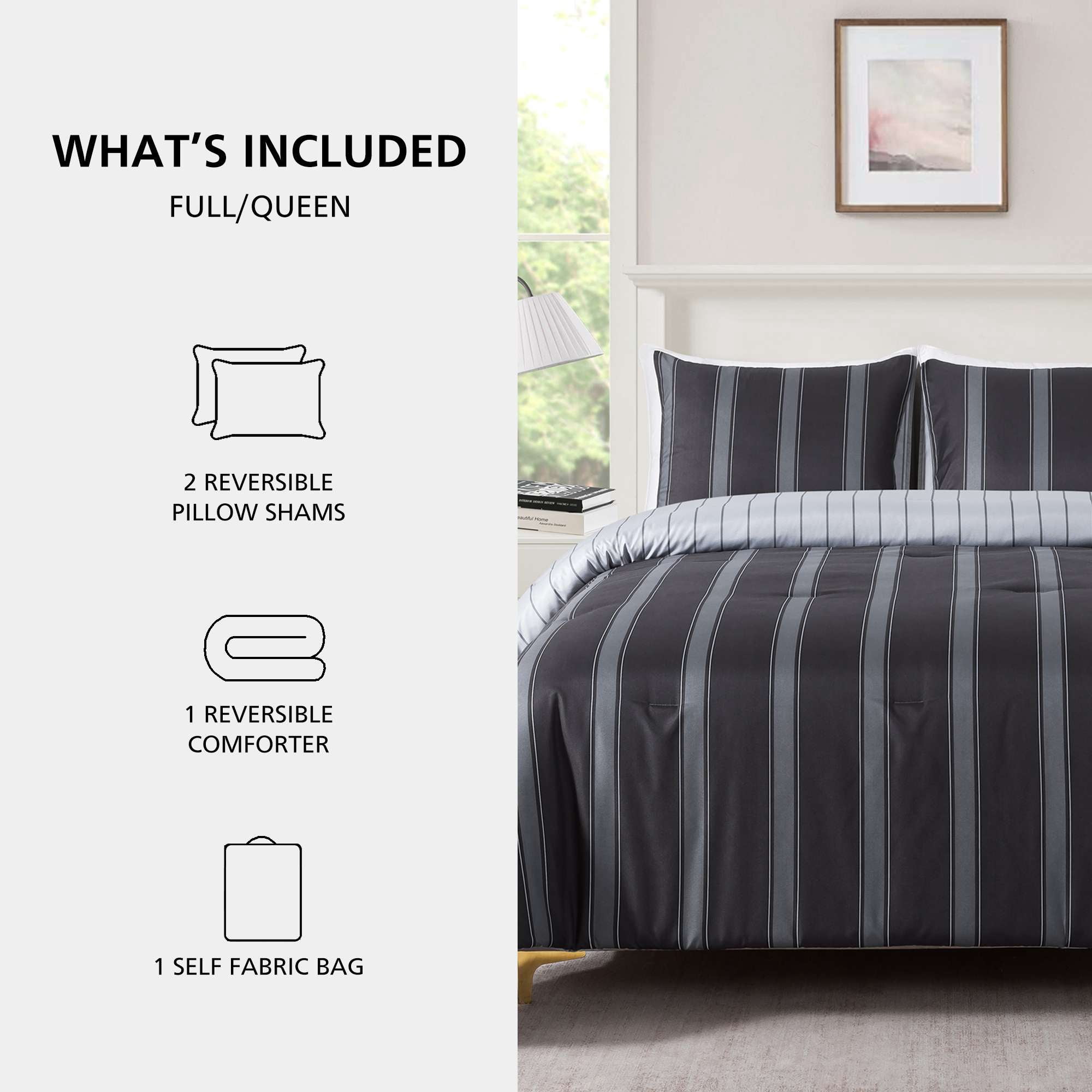 Mainstays Full/Queen Comforter Set, All-Season, 3-Piece, Dark Grey Stripe