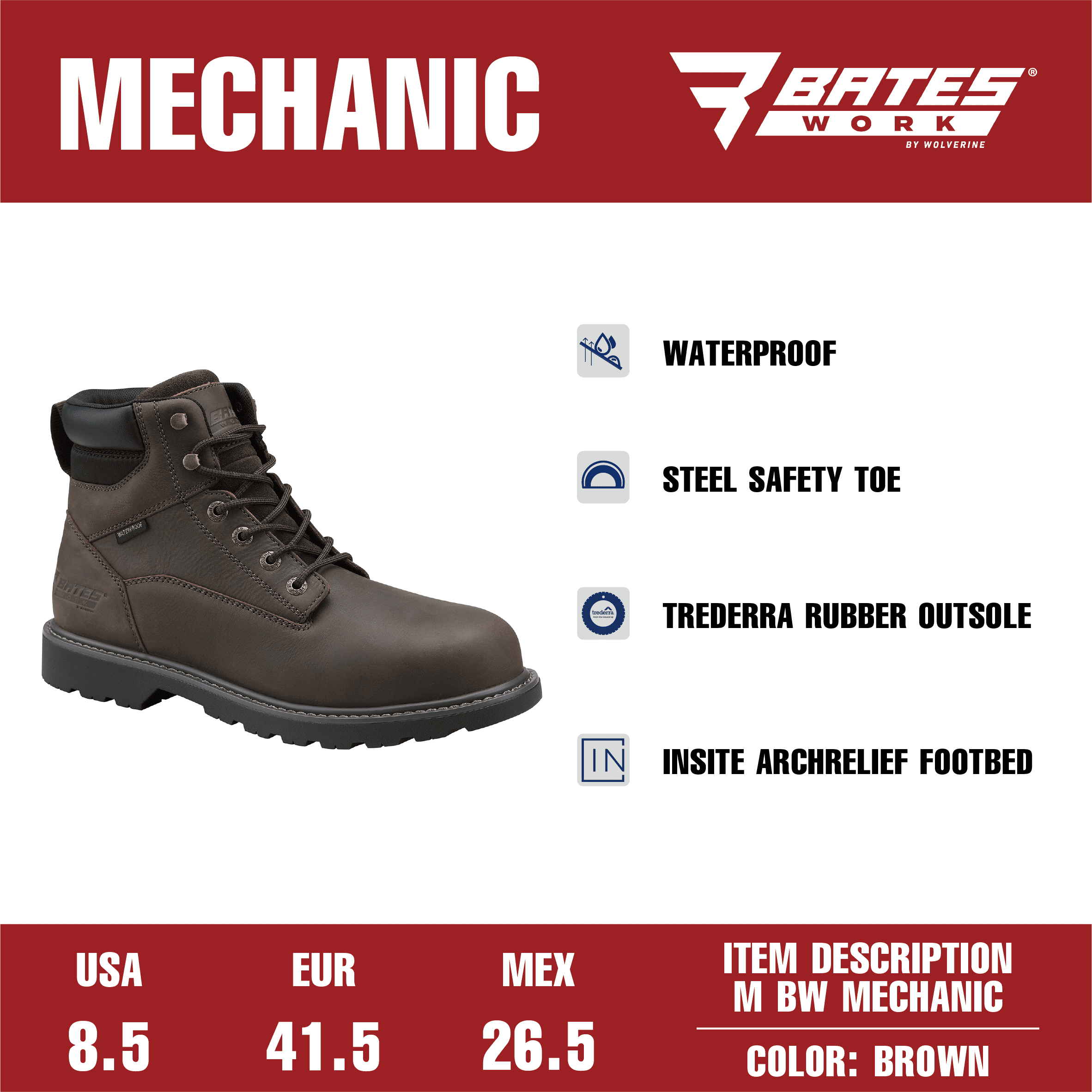 Bates Work by Wolverine Men's Mechanic Waterproof Steel Toe Work Boot