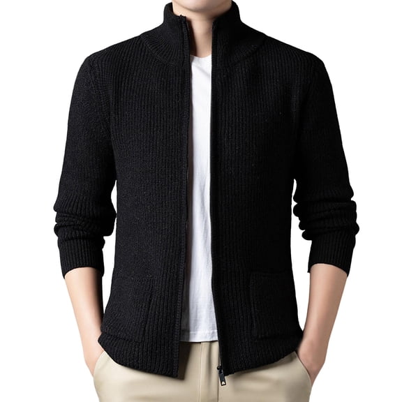 Mrmaere Men's Knit Jacket Full-Zip Stand Collar Soft Warm Outerwear for Daily & Casual Black L