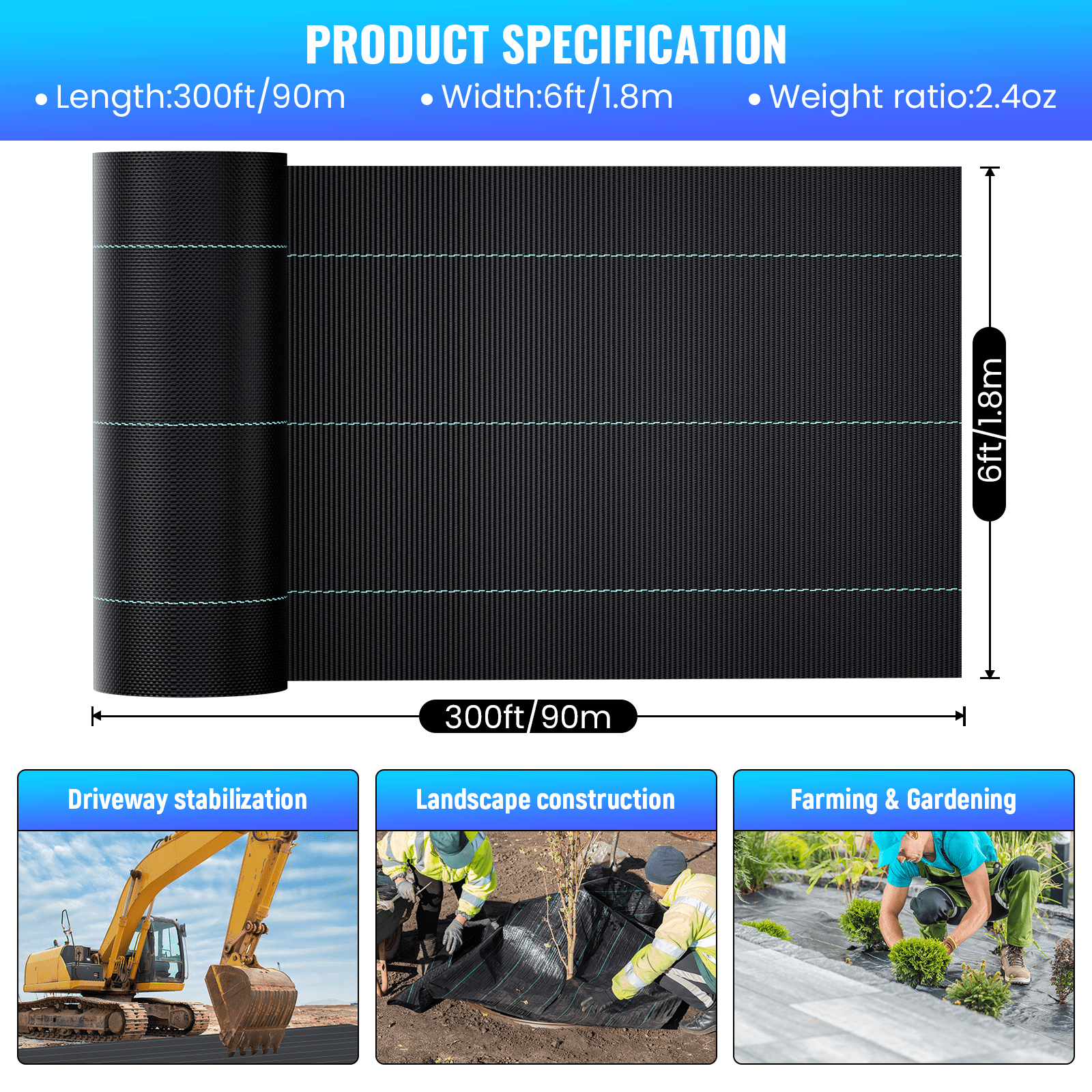 Driveway Fabric 6x300 ft, 2.4oz Heavy Duty Commercial Road Fabric, Landscape Fabric for French Drain, Erosion Control & Construction Projects