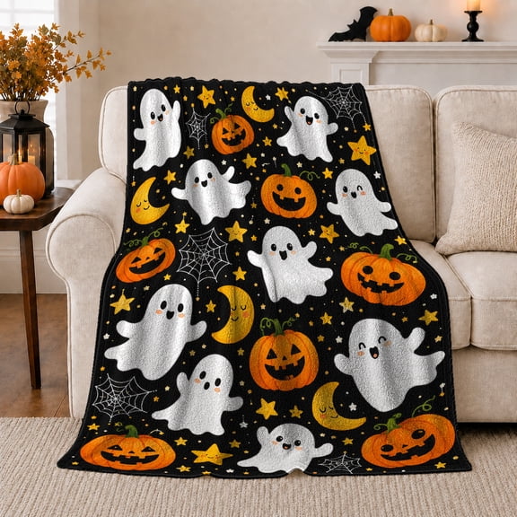 Cute Halloween Ghosts with Pumpkins Moons Stars and Spiderwebs, Playful Black Kawaii Art, Happy Pumpkin Motif Cozy Flannel Blanket, Halloween Gift for Kids Room Home Decor