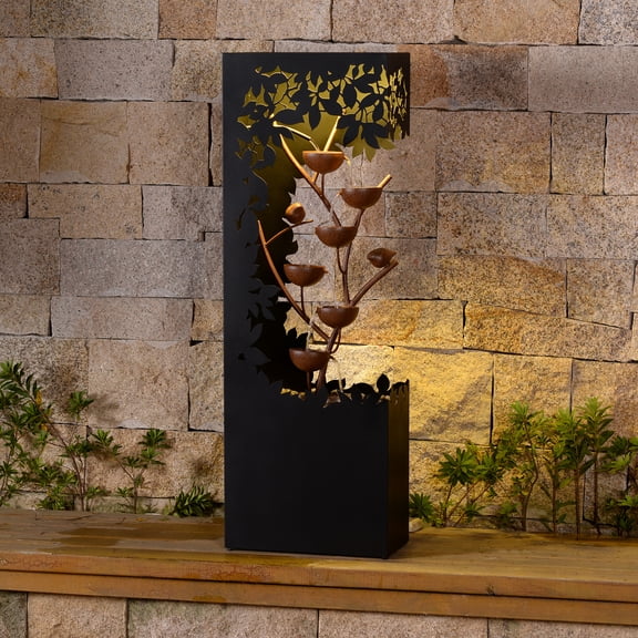 Black LED Fountain with Hollowed Flower & Bowl Design - Outdoor
