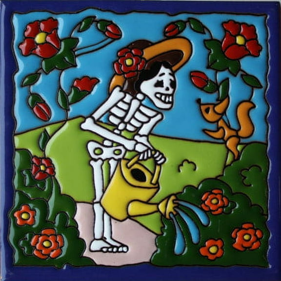 6x6 Morning Gardening. Day-Of-The-Dead Clay Tile
