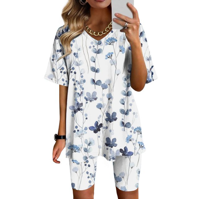 Ensembles d'Entraînement pour Femmes 2 Pcs Mode Blouse Col en V Manches Courtes Hauts Shorts Ensemble Décontracté Ensembles d'Entraînement pour Femmes en Liquidation
