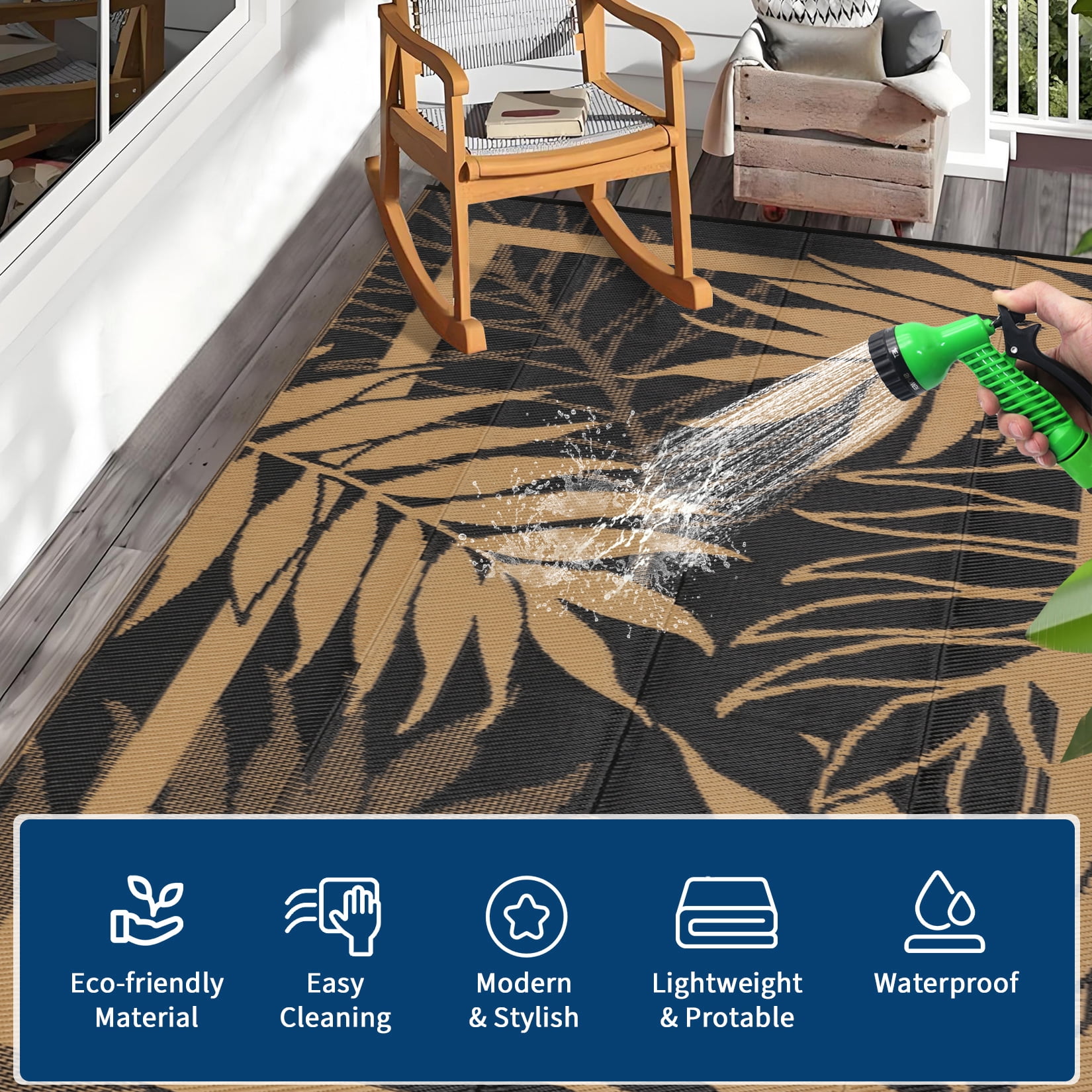 Garvee 9'x12' Waterproof Outdoor Rug Leaf Pattern Bordered Plastic Patio Mat, Modern Reversible Non-Slip Outdoor Carpet for Camping, RV, Balcony, Porch, Picnic, Black and Brown
