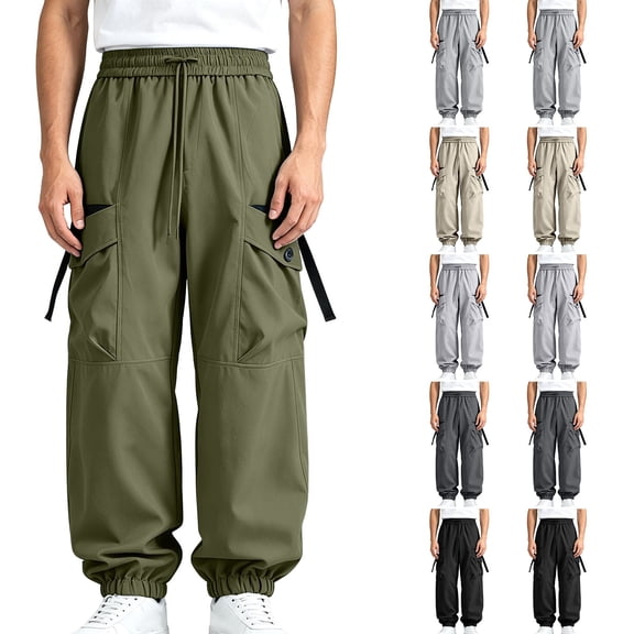 MXALUOB Men's Cargo Pants Loose Fit Fashion Outdoor Pants Drawstring Elastic Waist Solid Color Utility Trousers Casual Streetwear