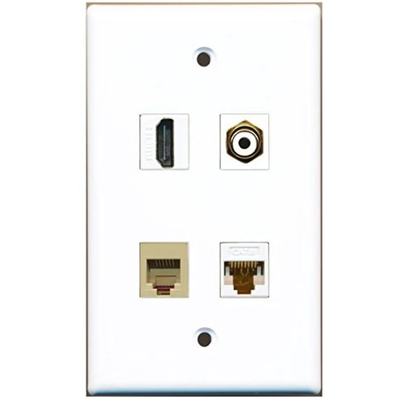 RiteAV - 1 Port HDMI 1 Port RCA White 1 Port Phone RJ11 RJ12 Beige 1 Port Cat6 Ethernet White Wall Plate