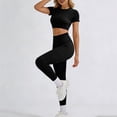 thumbnail image 5 of Bloomae Women 2 Piece Open Back Seamless Workout Sets Scrunch Booty Gym Leggings Cute Summer Short Sleeve Crewneck Built in Bra Crop Yoga Top Basic Solid Color Athletic Outfits Black M, 5 of 10
