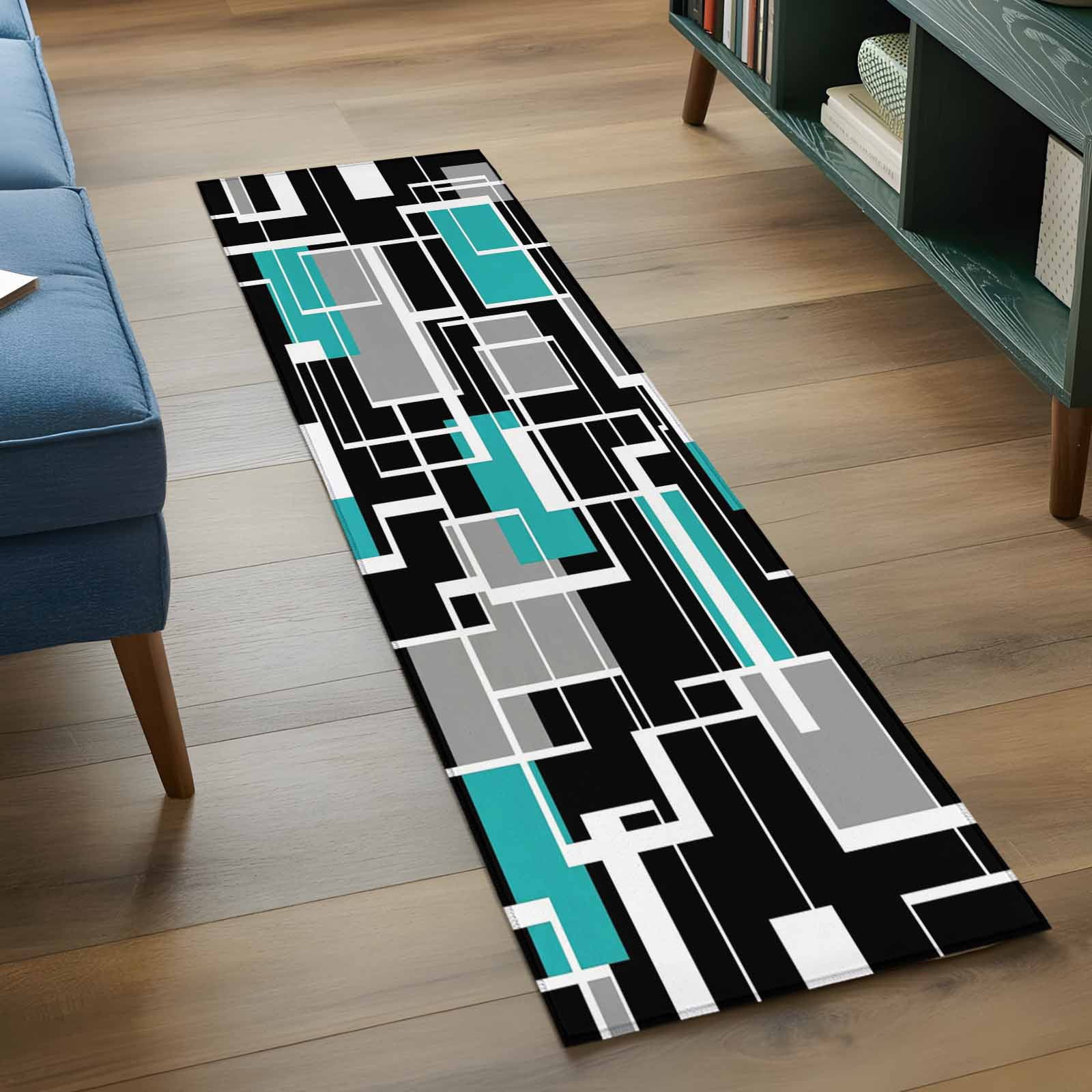 Teal Blue Black Geometric 2'x6' Runner Rugs for Hallway Kitchen Bedside Non Slip Washable, Modern Abstract Art Block Entryway Rug Runners with Rubber Backing, Long Carpet Runner for Laundry Room