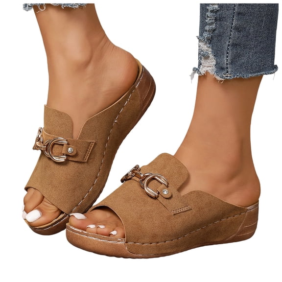 Platform Slides for Women Comfy Arch Support Orthopedic Sandals Open Toe Metal Chain Slip on Low Wedge Walking Shoes Brown Size 8