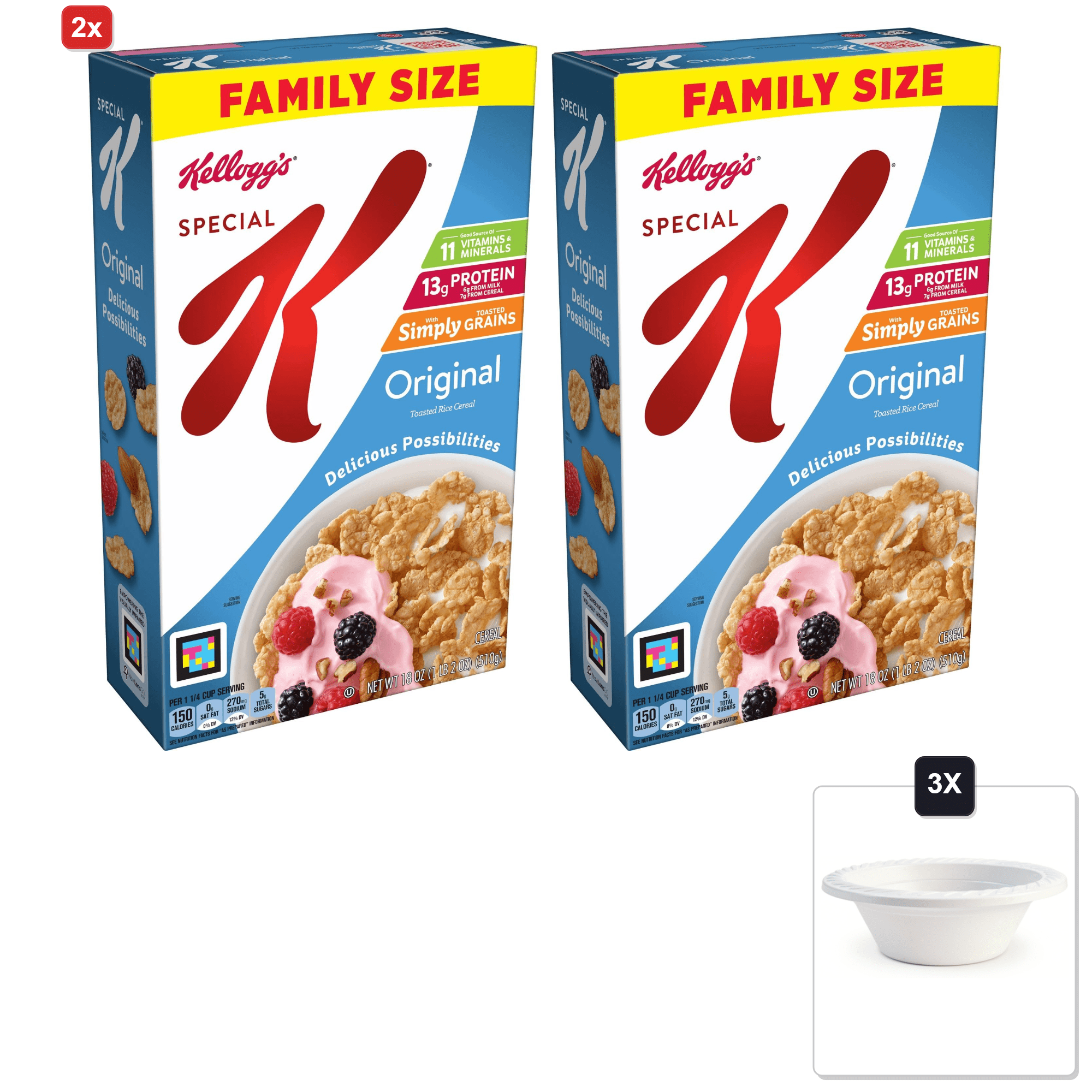 2x | Kelloggs Special K, Breakfast Cereal, Original, Made With Folic Acid, B Vitamins, And Iron, Value Size, 18 oz(Pack Of 6) & 3x 12oz Disposable Plastic Bowl
