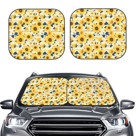 Picia Navy Blue Leaf Sunflower 2 Piece Car Windshield Sun Shade Foldable | Foldable Sun Shield for Front Window Blocks UV Rays and Keeps Your Vehicle Cool-Large