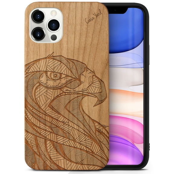 Case Yard Wooden Case Outside Soft TPU Silicone, Slim Fit Shockproof Wood Protective Phone Cover for Girls Boys Men and Women, Supports Wireless Charging Eagle Design case for iPhone-12/12-Pro