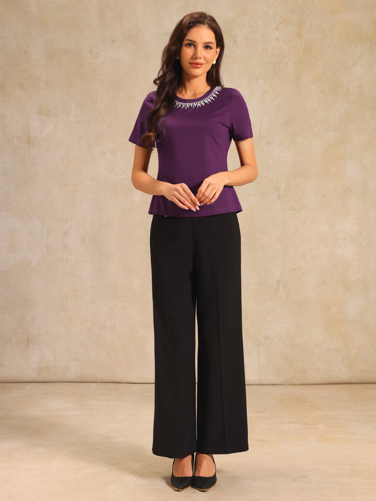 DARING DIVA Women's Elegant Women's Sparkly Blouse with Rhinestones S Purple
