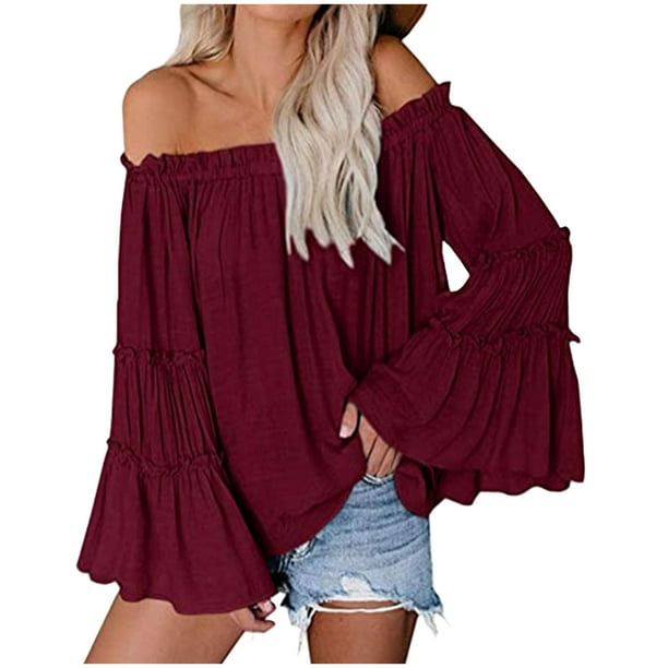 HongQid Womens Off The Shoulder Long Bell Sleeve Tops Flared Casual Loose Blouse