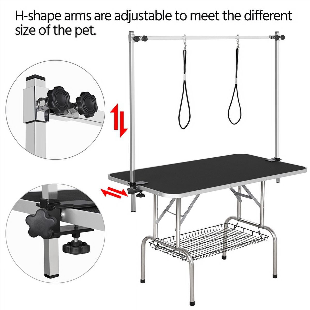 Alden Design Adjustable Pet Grooming Table Stainless Steel Frame Foldable Pet Grooming Desk with Basket Noose Arm