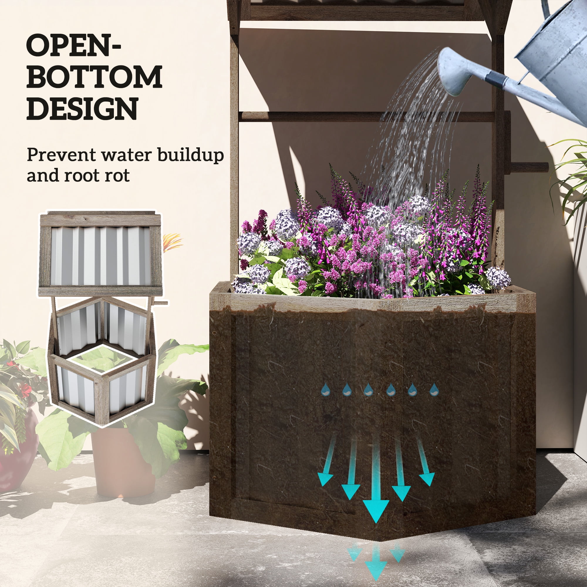 Outsunny Wooden Wishing Well Planter, Hexagon Raised Flower Bed with Galvanized Canopy, Outdoor Garden Box for Flowers and Vegetables, Light Gray