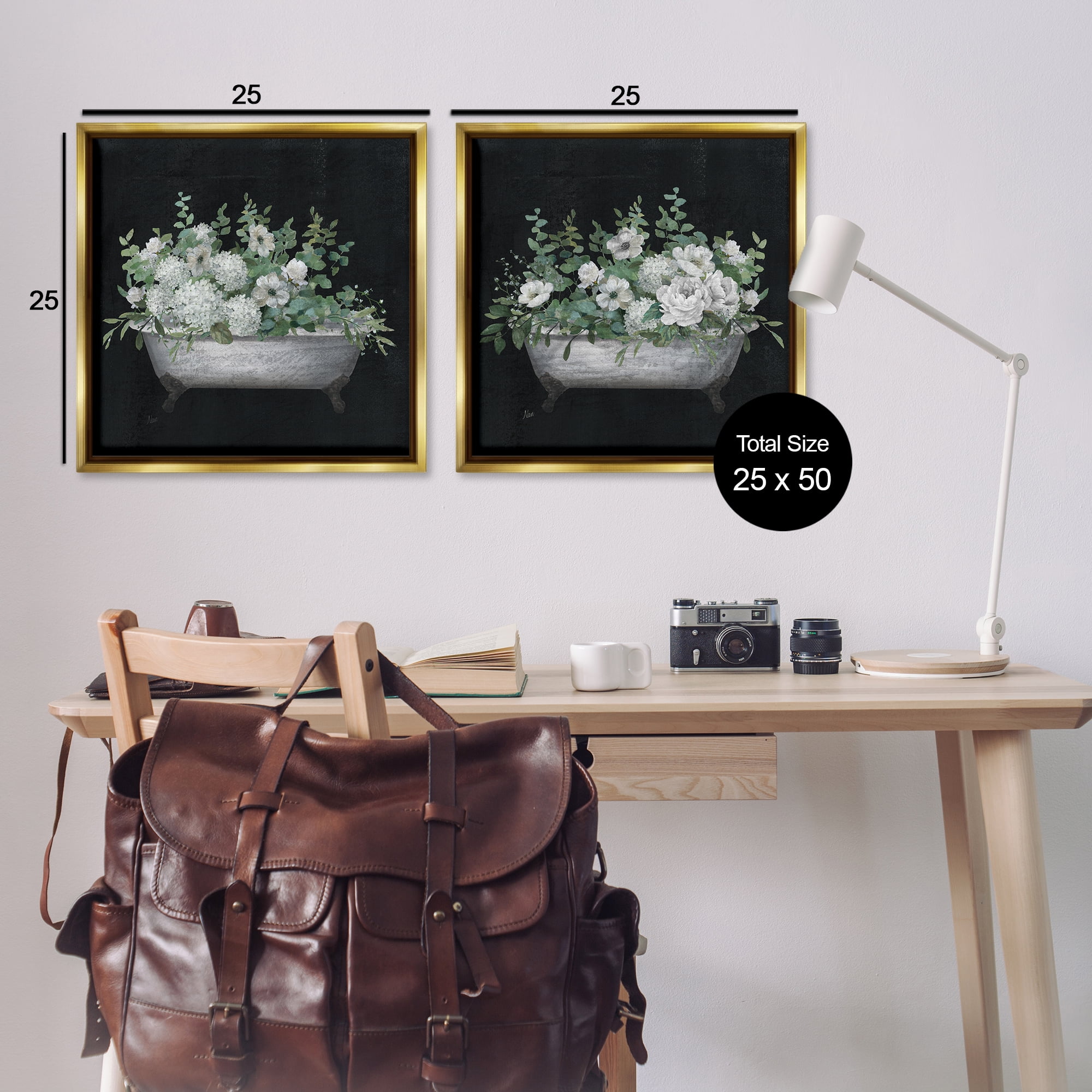 Stupell Industries Filled White Floral Soaking Tub Bath & Laundry Painting Gold Floater Framed Canvas Art Print Wall Art, 25 x 25, Set of 2