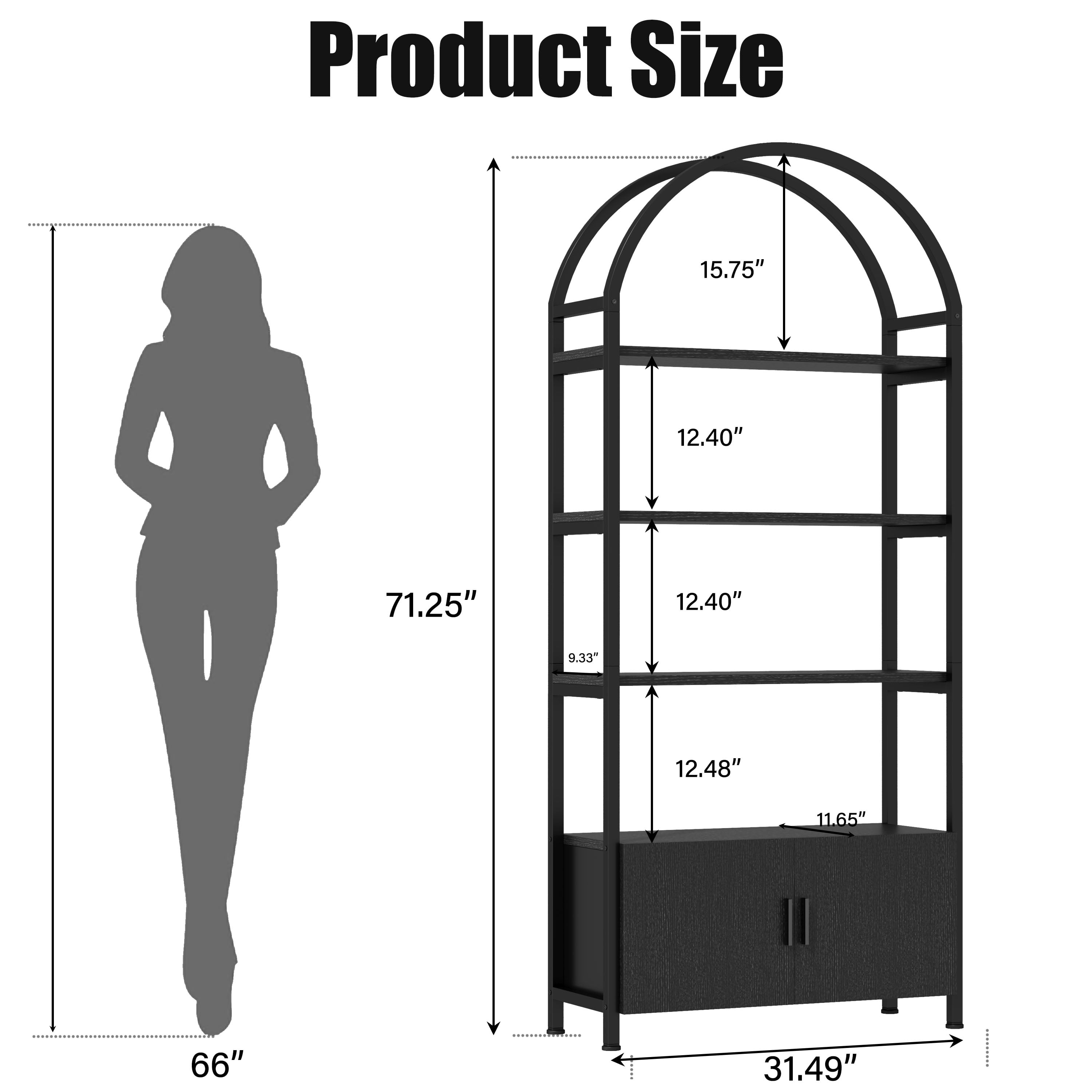 ModFurne Arched Bookcase with Doors,71" Tall Arched Bookshelf, 4-Shelf Open Display Bookshelf, Freestanding Storage Unit for Living Room/Office, Black