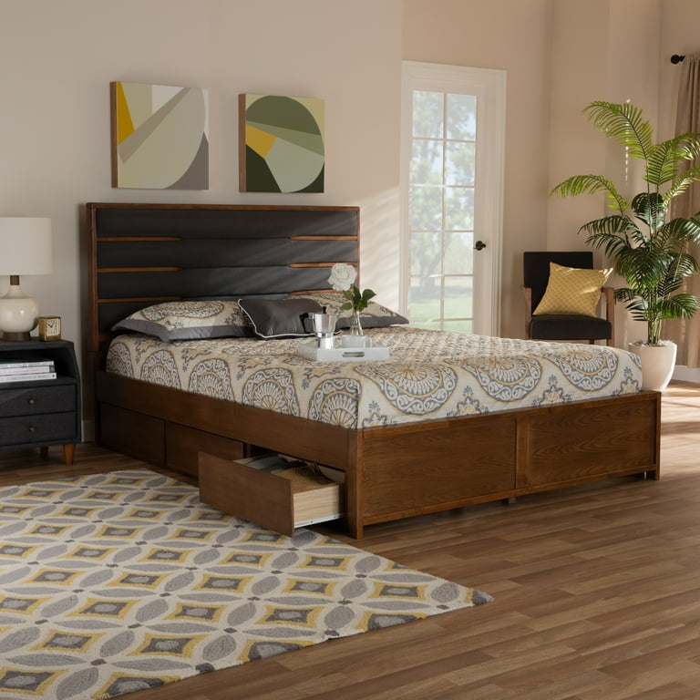 Baxton Studio Elin Modern and Contemporary Dark Grey Fabric Upholstered Walnut Finished Wood Queen Size Platform Storage Bed with Six Drawers Baxton Studio Elin Modern and Contemporary Dark Grey Fabric Upholstered Walnut Finished Wood Queen Size Platform Storage Bed with Six Drawers