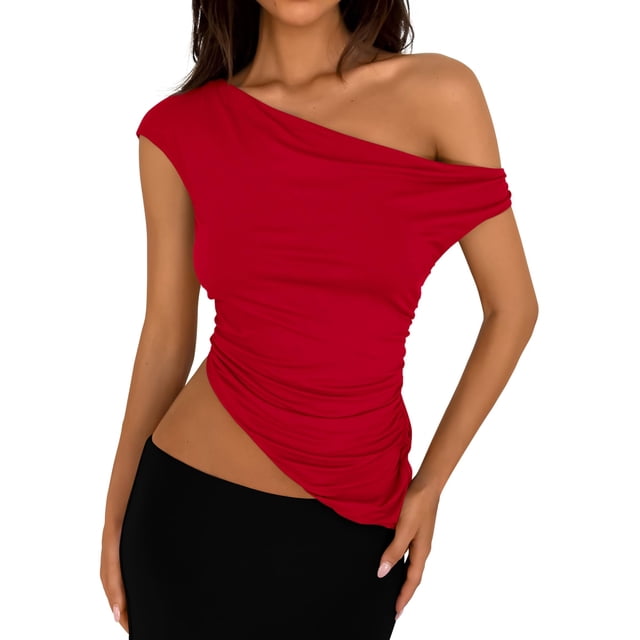 Remera PRETTYGARDEN 2025 Roja con Un Hombro Fruncida XL
