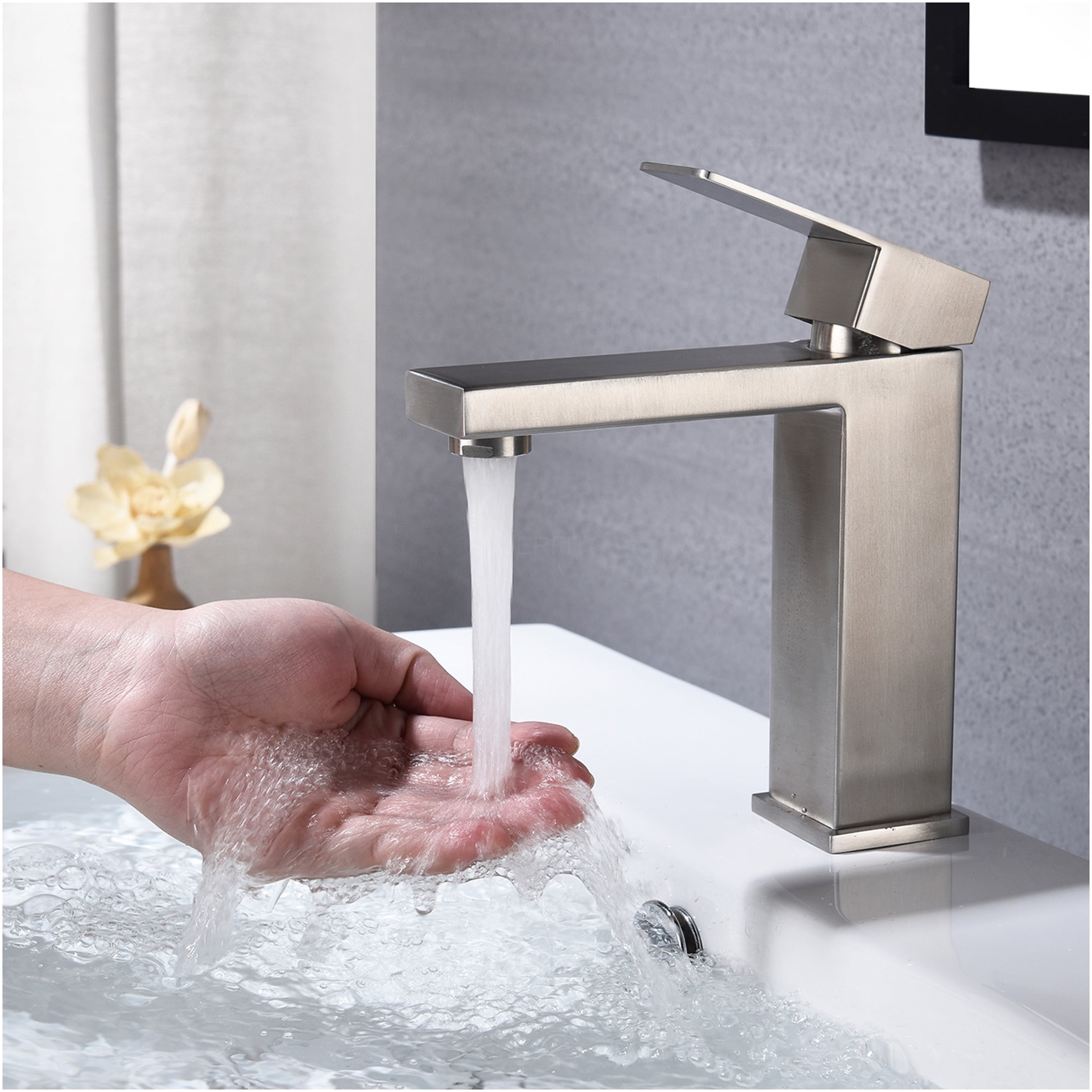 JERFIT Modern Single Handle Waterfall Bathroom Sink Faucet with Ceramic Cartridge, Brushed Nickel Finish, 1-Hole Deck Mount Vanity Tap