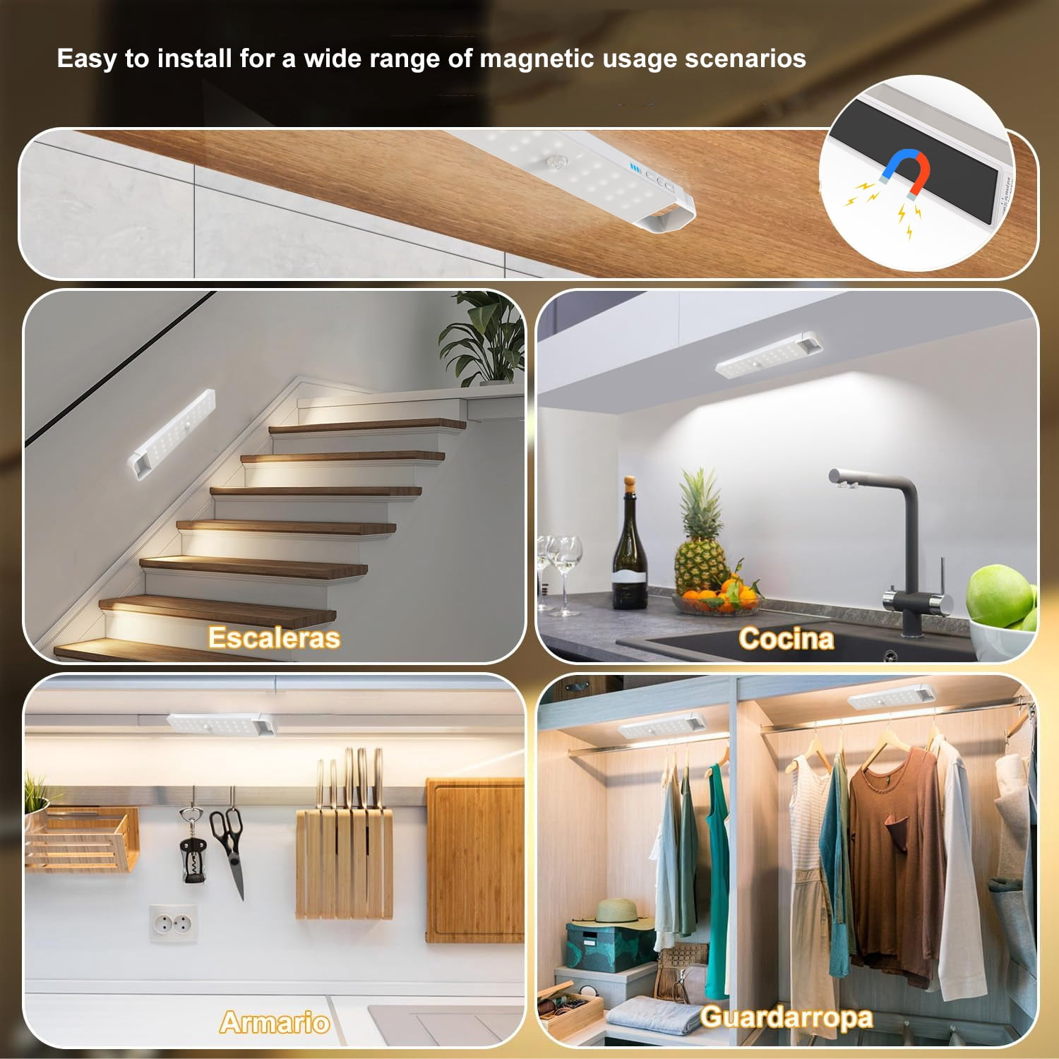 1000mAh Motion Sensor Light, 60-LED Under Cabinet Lighting, 2-Color Magnetic Rechargeable Wireless Closet Night Lights Bar (4 pack)