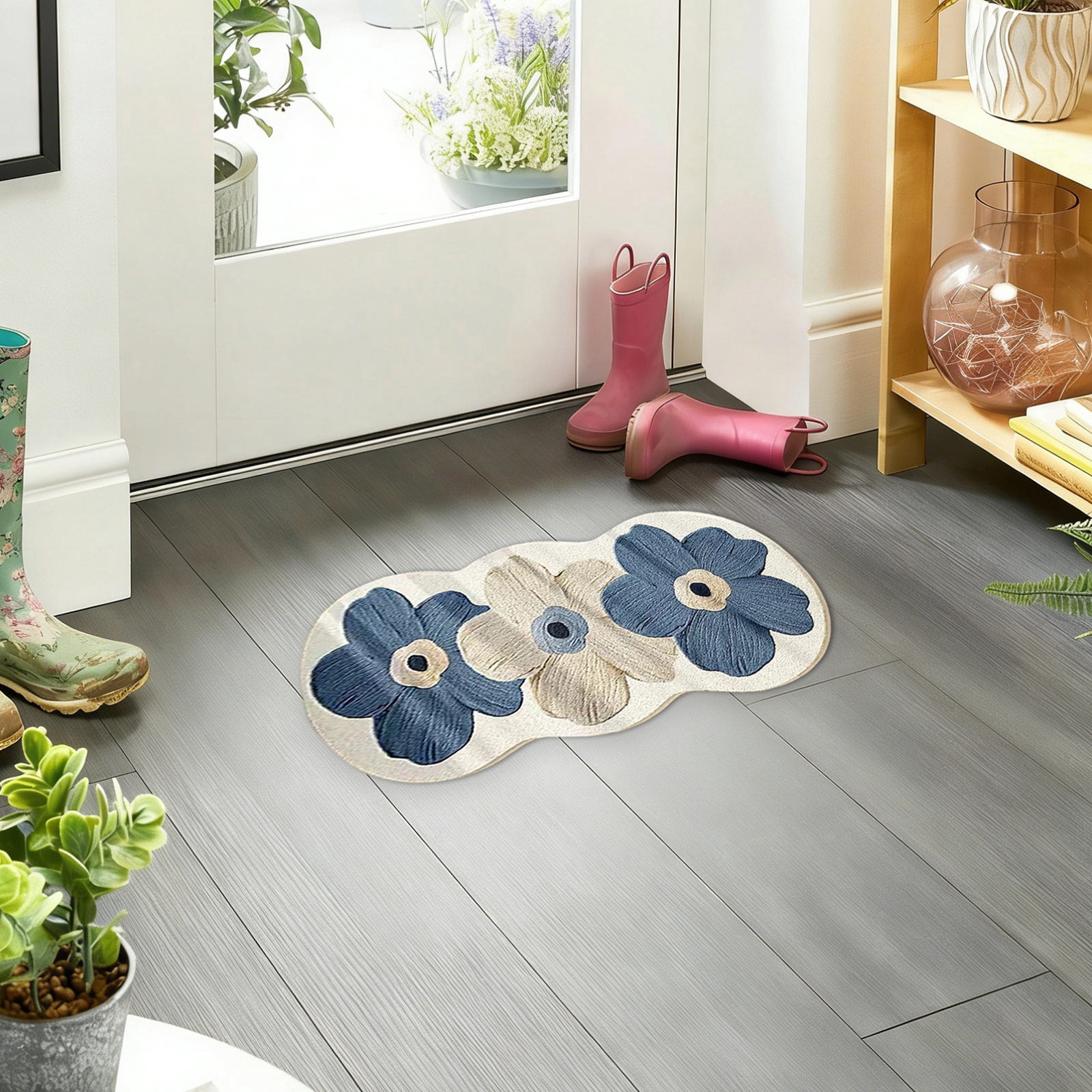 Flower Bathroom Rug, Super Absorbent and Thick Microfiber Non Slip Bath Mat with Rubber Backing, Shaggy Bath Carpet for Entryway, Bathroom, Bedroom and Living Room, Blue