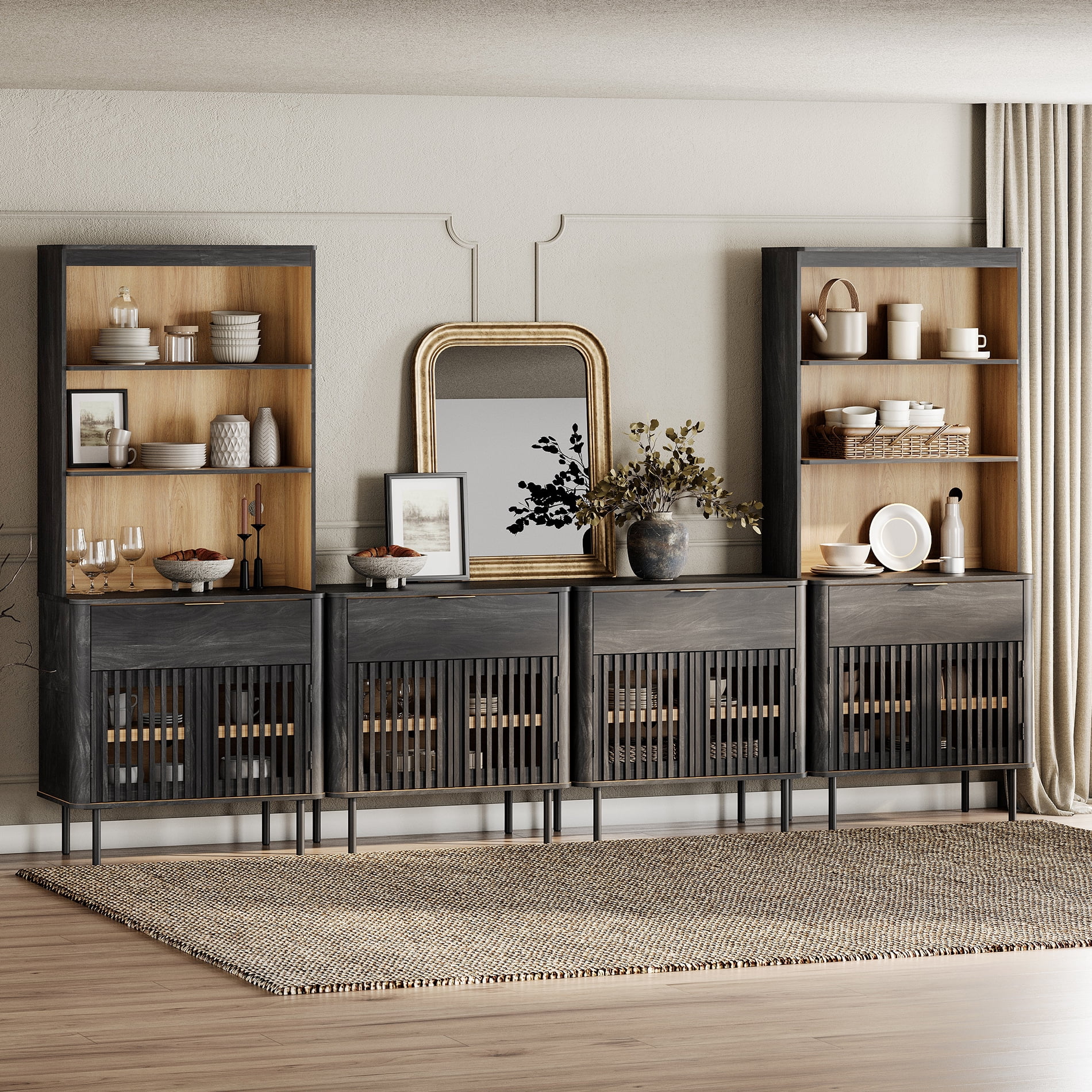 72.8" H X 126" W Kitchen Pantry With Bookcases, Push-to-open Door Kitchen Hutch With Drawer And Adjustable Shelf, Black