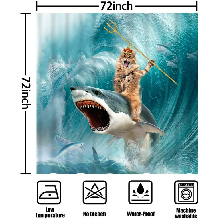 72 x 72 Funny Cat Shower Curtain Cat Riding Shark Ocean Wave Bathroom Set  Fun Animal Nautical Home Bath Bathtub Decor Durable Fabric Machine Washable  with 12 Hooks 