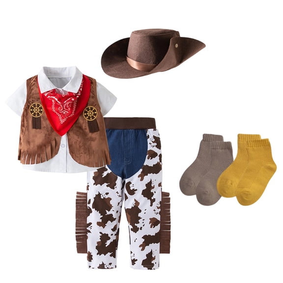 OSOLU Children Boys Outfits Cowboy Party Dress Up Vest Pants Scarf Hat Socks Soft Comfortable Indoor Outdoor Activities Fashion Vacation Clothing Sets