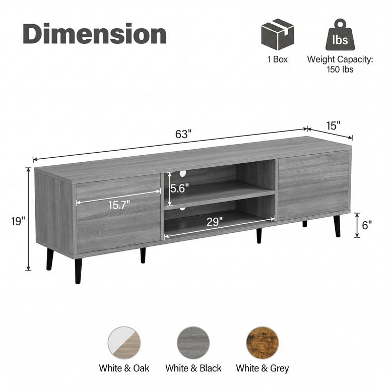 Vineego TV Stand for 70 Inch TV with 2 Push-to-Open Doors, Mid-Century Modern Media Console with Open Shelves, Entertainment Center for Living Room Bedroom, Gray