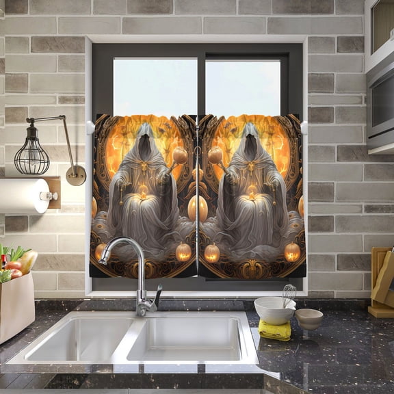 Halloween Pumpkins Person Kitchen Curtains Half Tier Curtain 2 Rod Pockets Bathroom Bedroom Cupborad Living Room 27"x24"