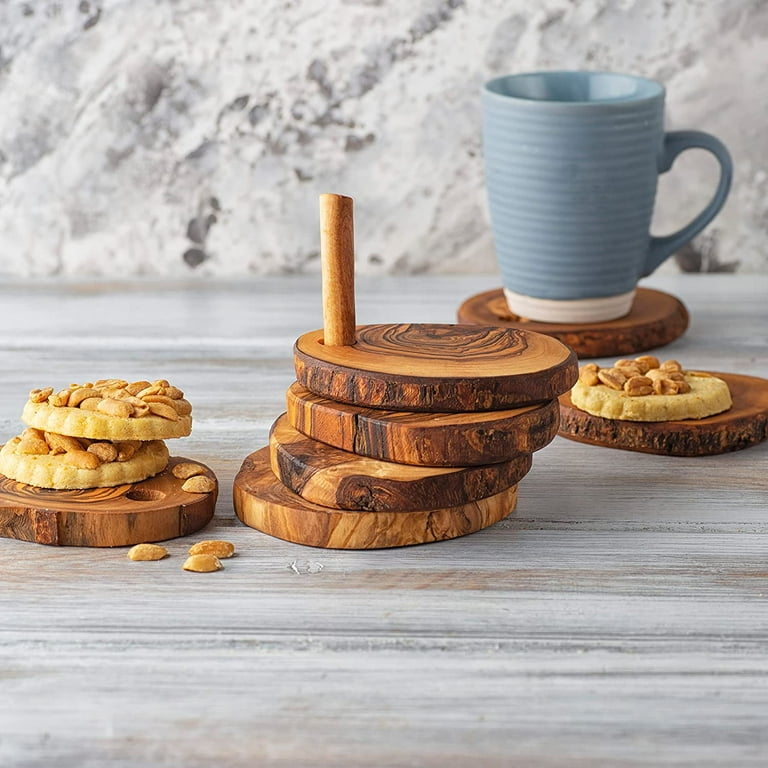 Wooden Coasters with Rustic Holder, Set of 6 Handmade Olive Wood Coasters  in Log