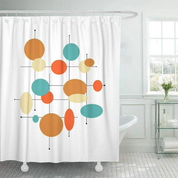 Yusdecor Teal Mid Circles Midcentury Modern X Orange Century Retro Bathroom Decor Bath Shower Curtain 66x72 Inch