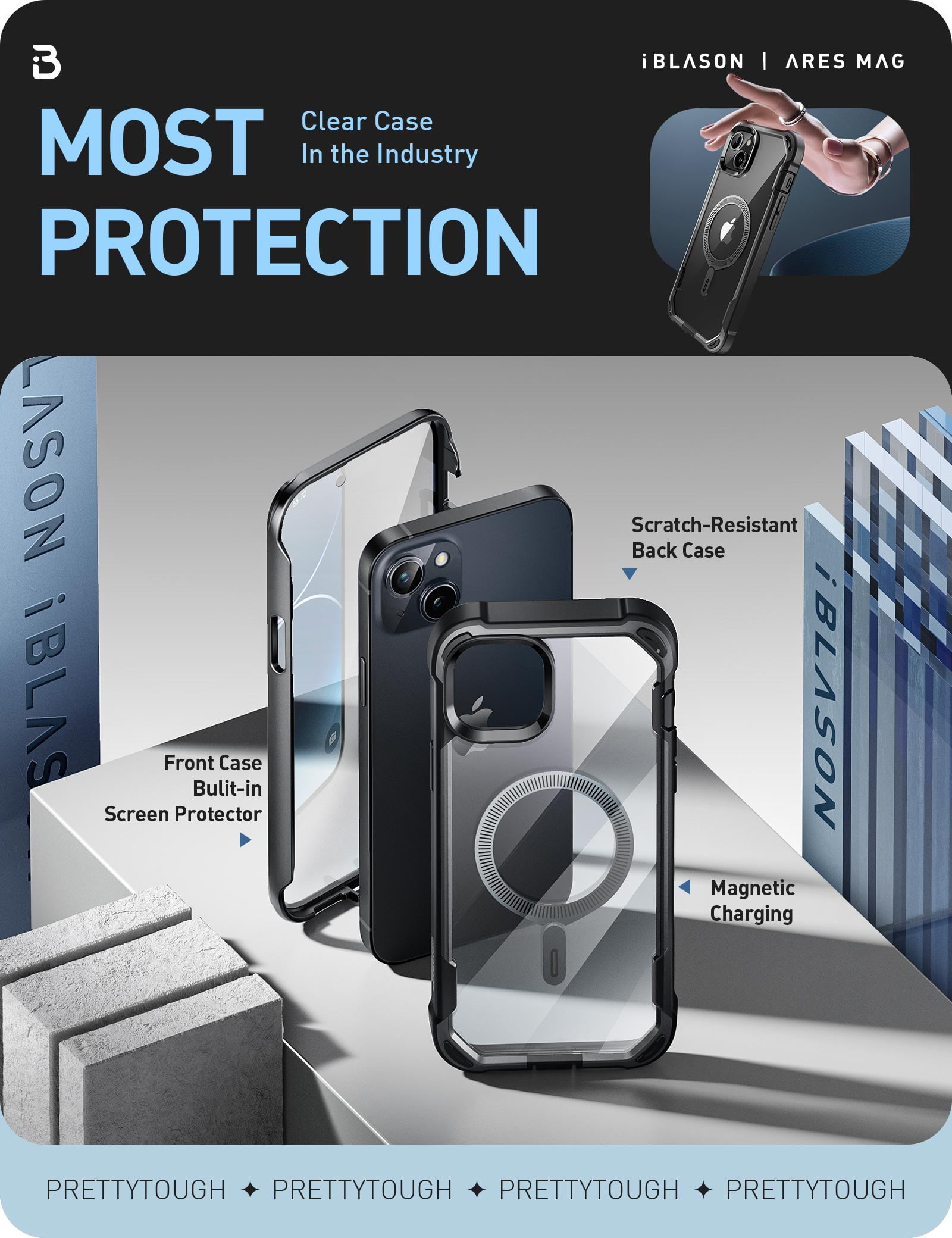 i-Blason AresMag for iPhone 15 Plus Case [6.7 inch], [MagSafe Compatible] Full-Body Dual Layer Anti-Slip Shockproof Rugged Clear Bumper Case with Built-in Screen Protector (Black)