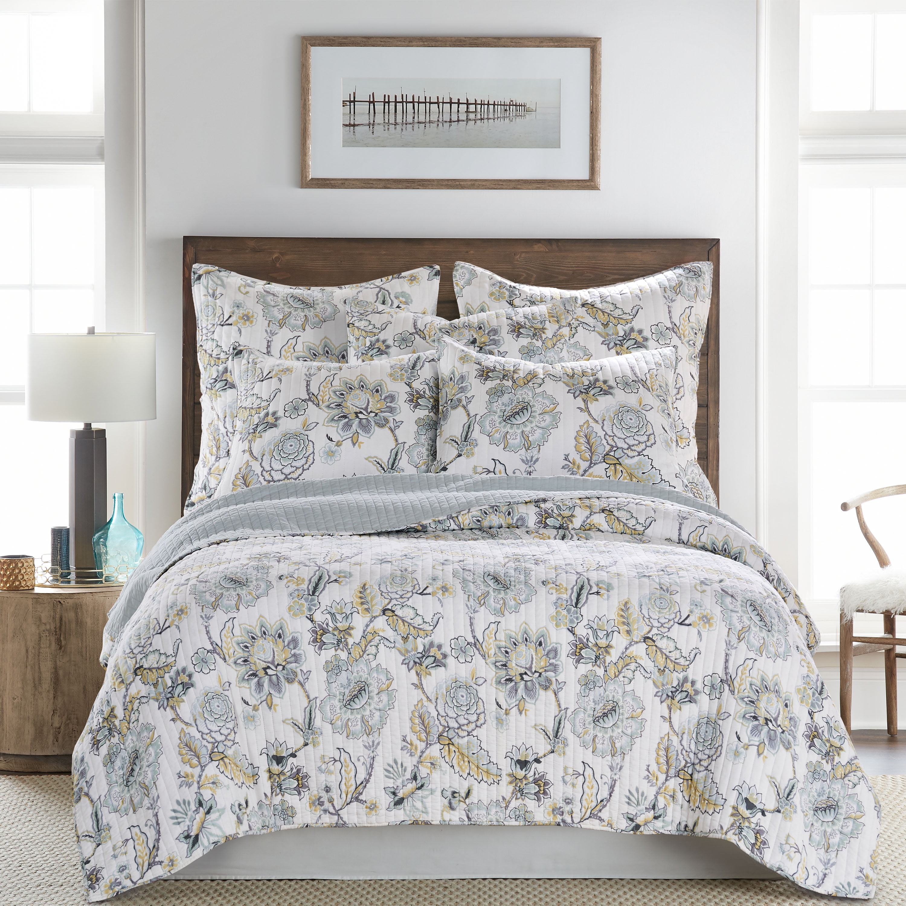 Levtex Home - Ophelia Spa Quilt Set - Twin Quilt and One Standard Sham - Floral - Spa Grey Cream Ochre - Quilt (68x86in.) and Sham (20x26in.) - Reversible - Rayon/Cotton