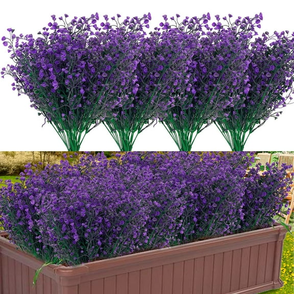 4 Pcs Artificial Shrubs Bushes ,Outdoor Fake UV Resistant Plants Flowers, Faux Plastic Bell Leaves Greenery for Indoor Outside Hanging Planter Home Office Wedding Farmhouse Decor(Purple)