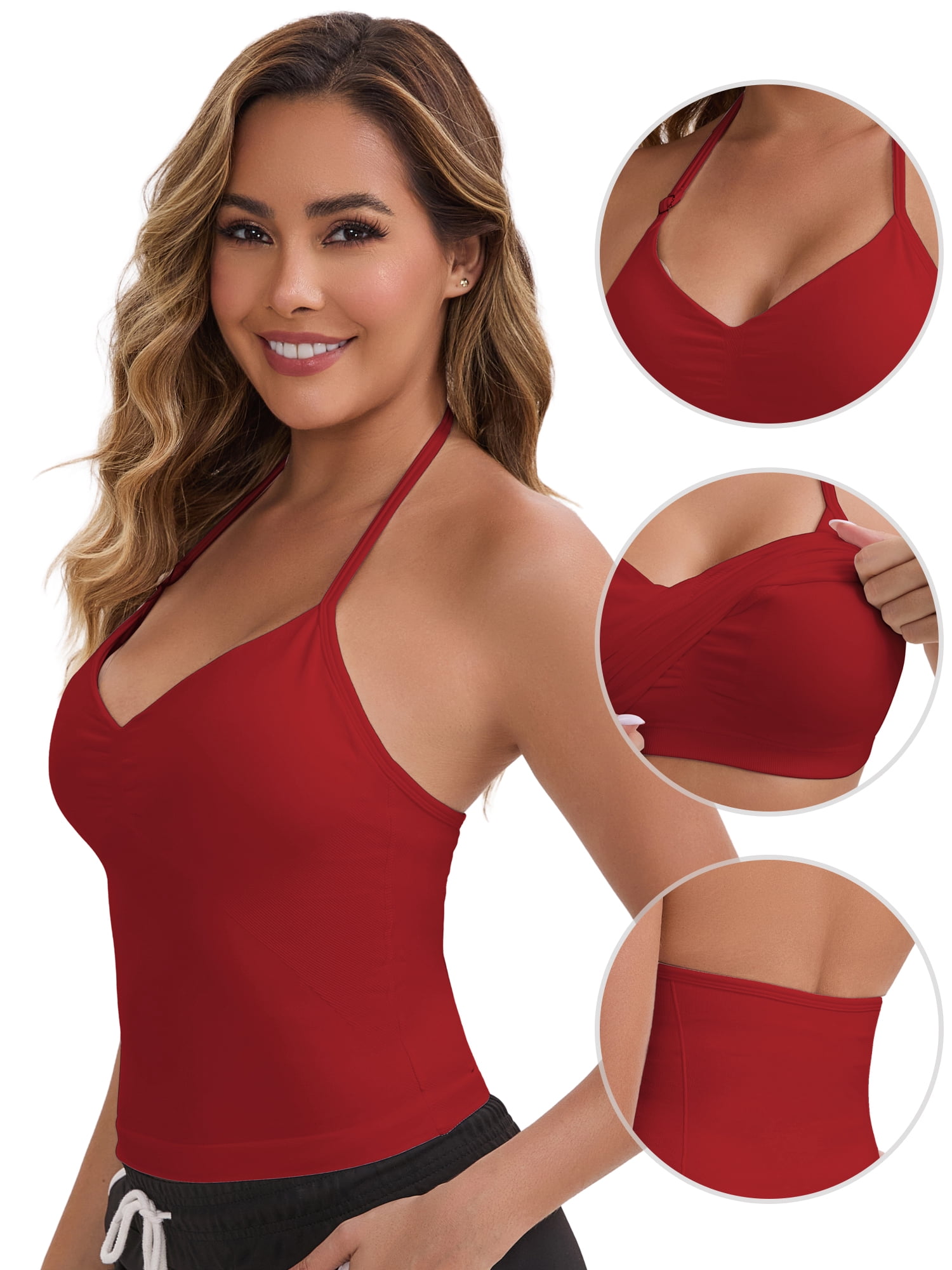 DARING DIVA Women's Halter Neck Padded Adjustable Spaghetti Straps Tank Top S Dark Red