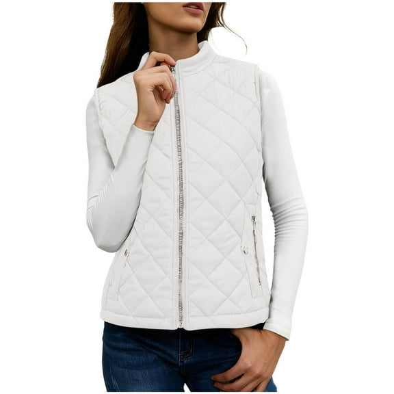 thefmos Women's Fall Winter Sleeveless Zipper Vest Coat Solid Casual Warm Outerwear Quilted Puffer Vest for Women Fashion Layering Piece Cold Weather, White 2XL