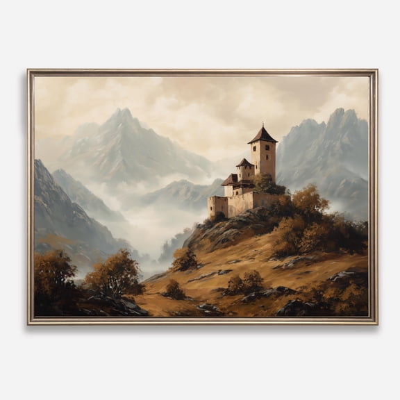 Vintage Castle Mountain – Medieval Wall Art, Rustic Landscape Wall Art, Cottage Wall Decor, UNFRAMED Poster, Wall Art for Decor, Present, 8x12