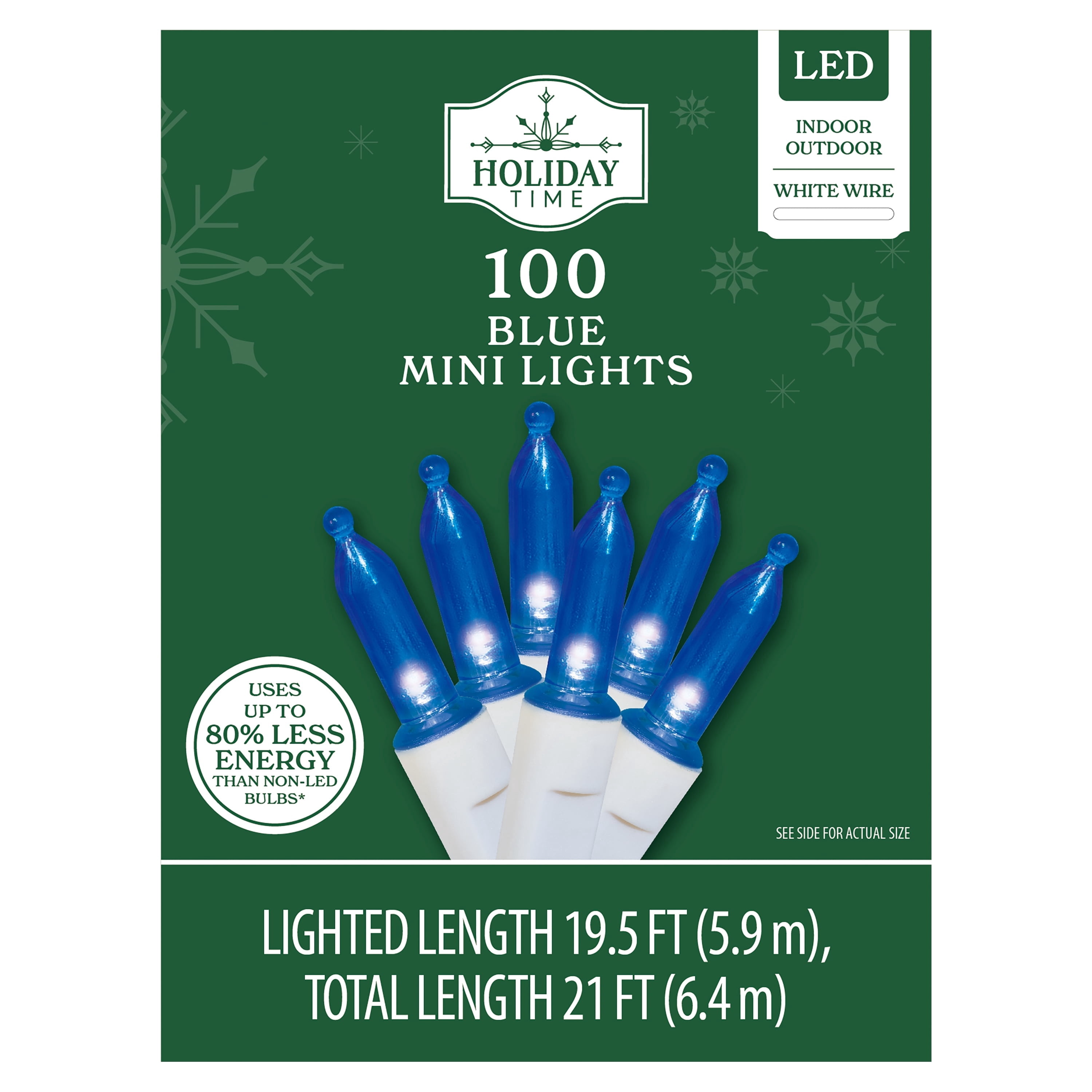 Indoor/Outdoor 100-Count LED Mini Christmas String Lights, Blue, White Wire, 19.5', by Holiday Time