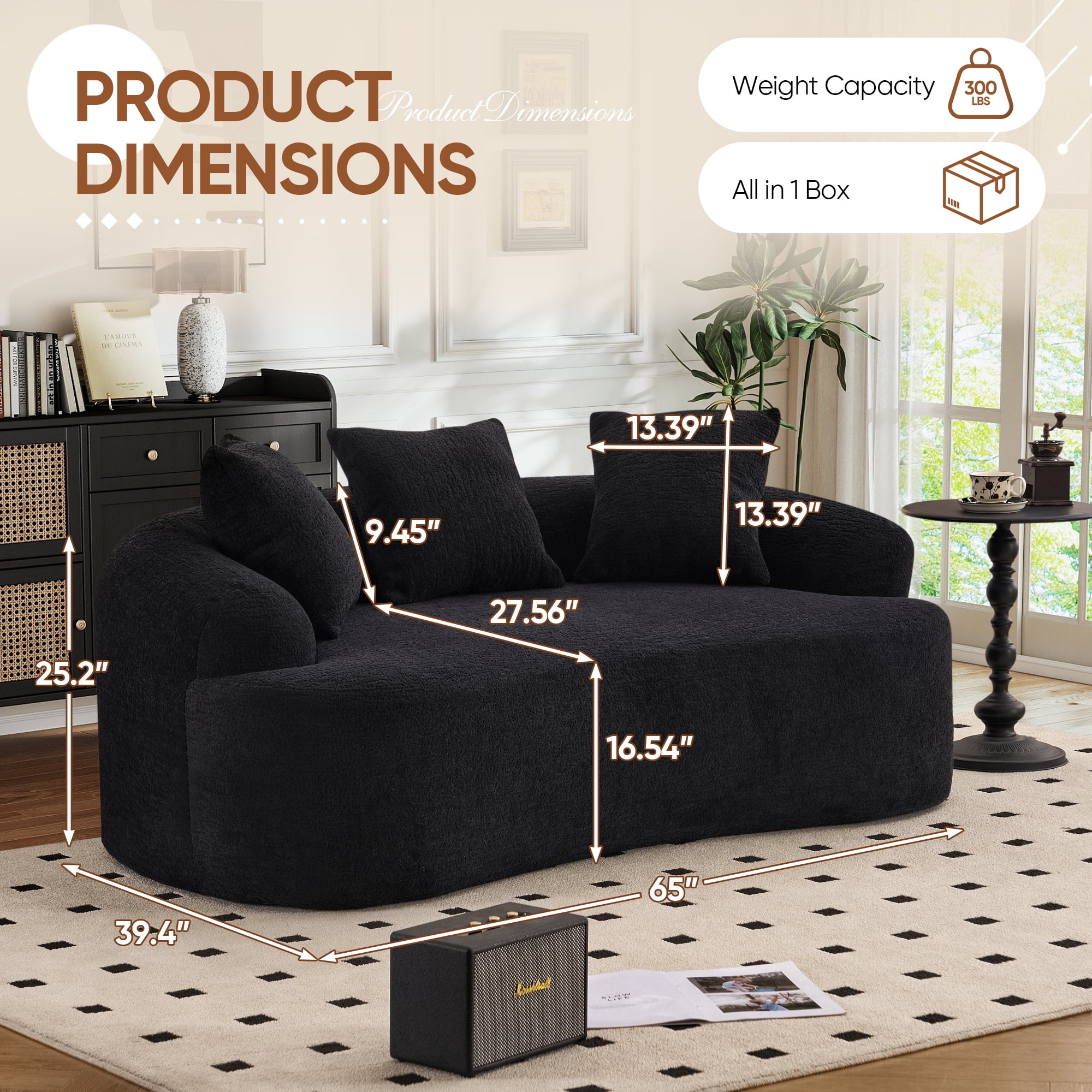 Timbernest 65" Loveseat Sofa, 2-Seat Chenille Cloud Couch, Modular Curved Sofa for Living Room, Black