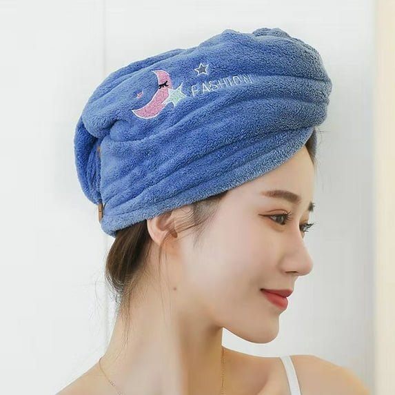 harmtty Hair Drying Cap Comfortable Cartoon Embroidery Lint Free Coral Fleece Women Household Rapid Drying Hair Towel for Bathroom,Blue Dual Layer