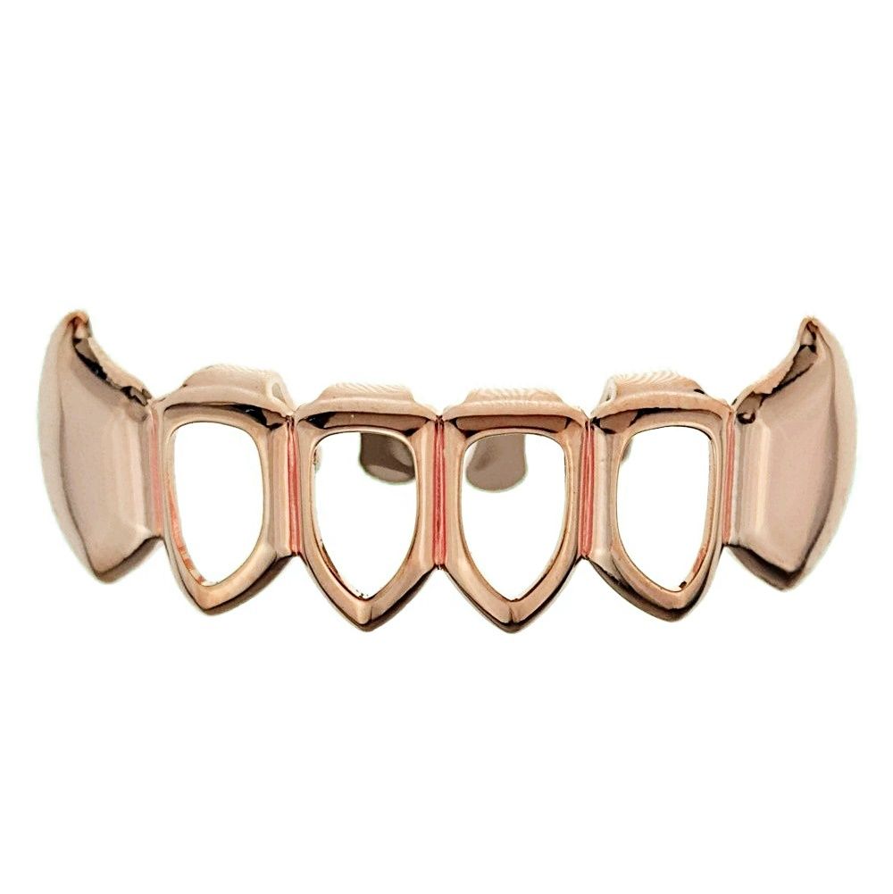 14K Rose Gold Plated Grillz Fangs Lower Bottom 4 Four Open Face Teeth